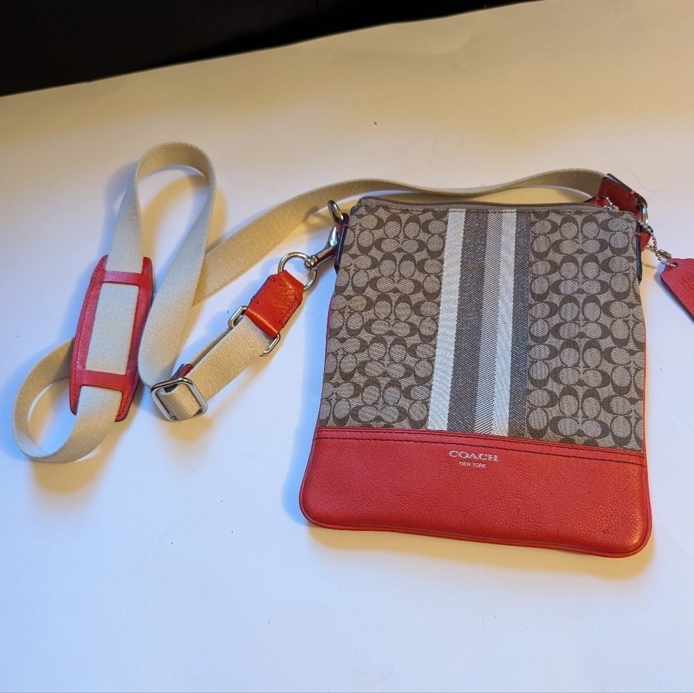 Coach Signature Stripe Swingpack Crossbody Bag In VGUC